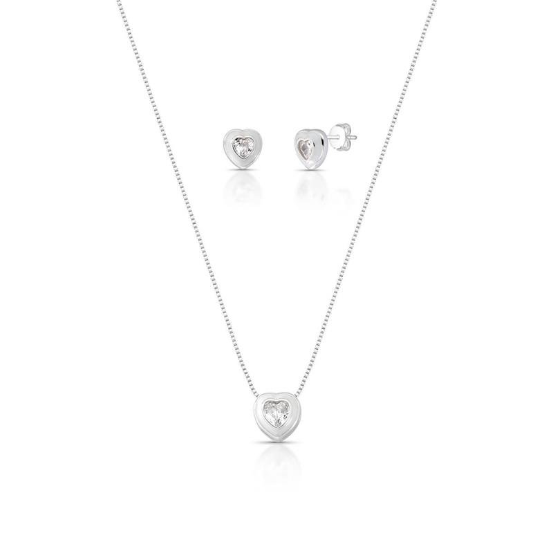 CONJUNTO CORAÇÃO PRATA 925 - CRISTAL