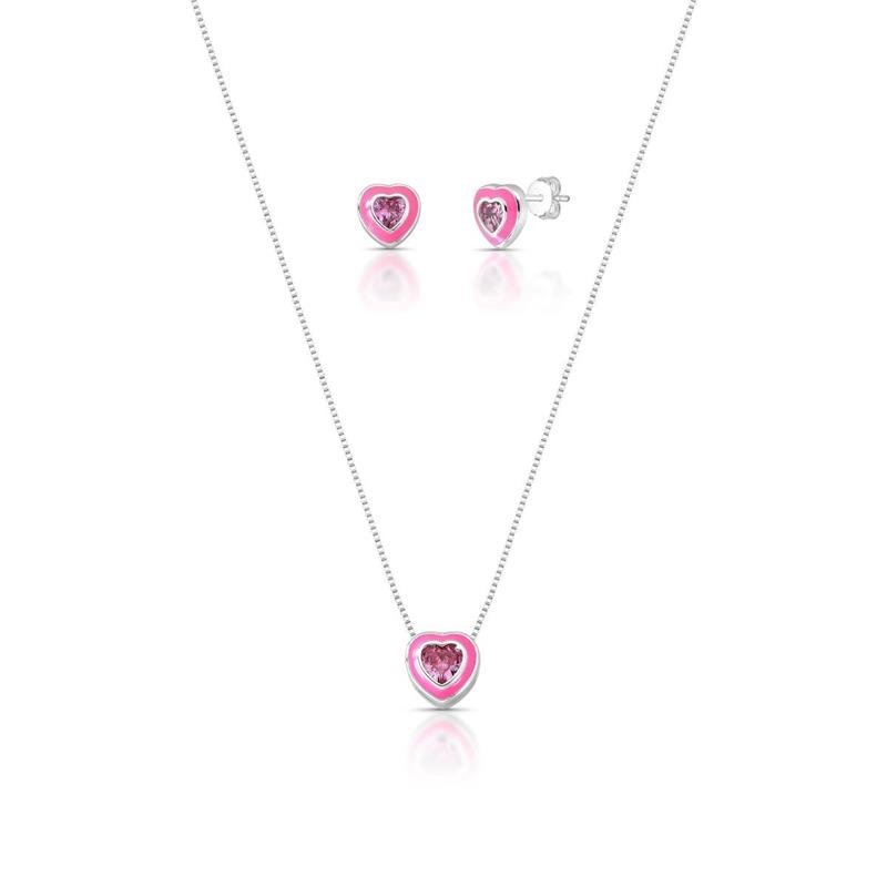 CONJUNTO CORAÇÃO PRATA 925 - ROSA