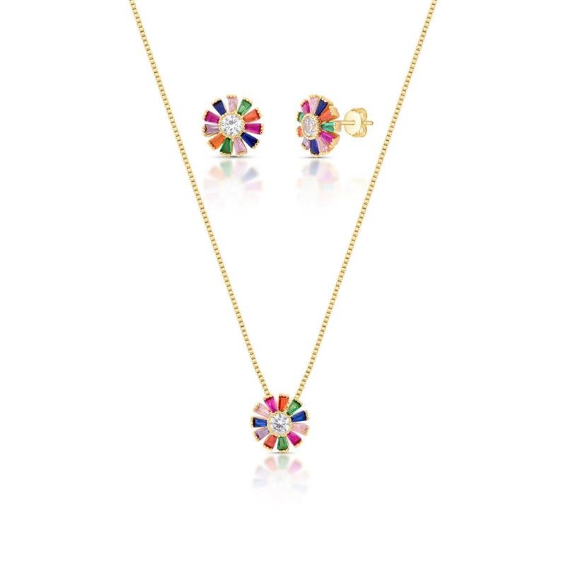 CONJUNTO CRAVEJADO BANHADO OURO - COLORIDO