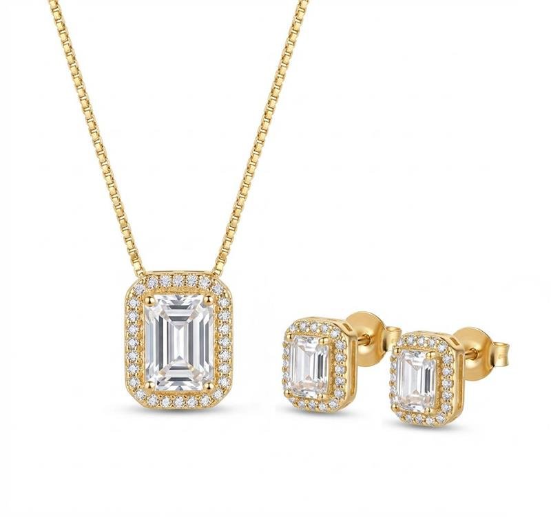 CONJUNTO ZIRCONIA RETANGULAR BANHADO OURO - CRISTAL