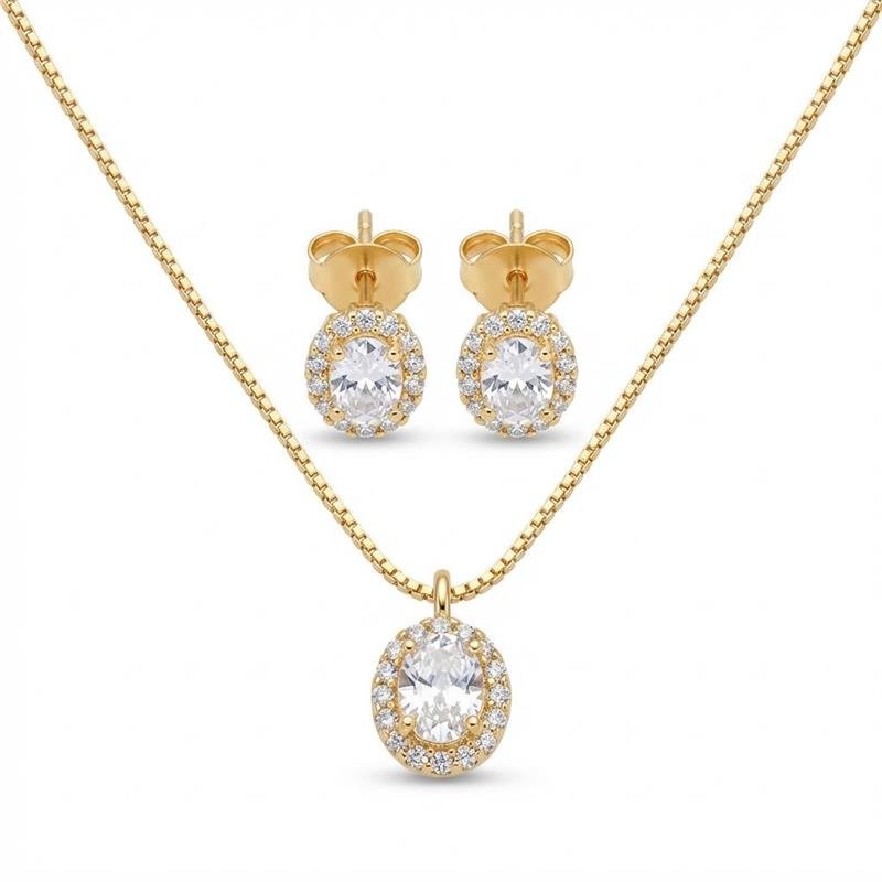 CONJUNTO ZIRCONIA OVAL BANHADO OURO - CRISTAL