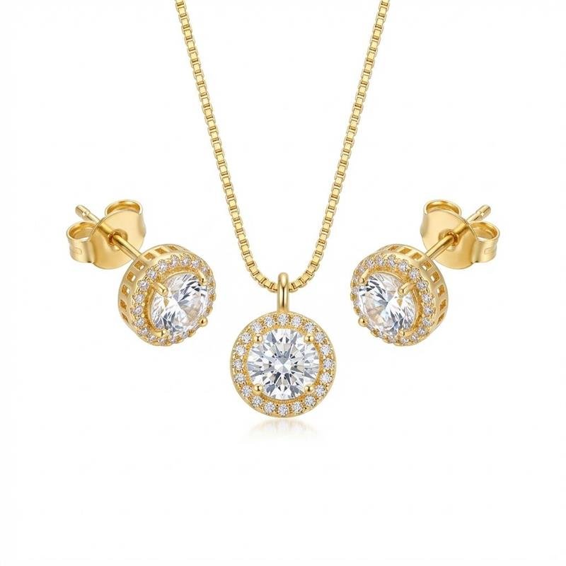 CONJUNTO ZIRCONIA REDONDA BANHADO OURO - CRISTAL