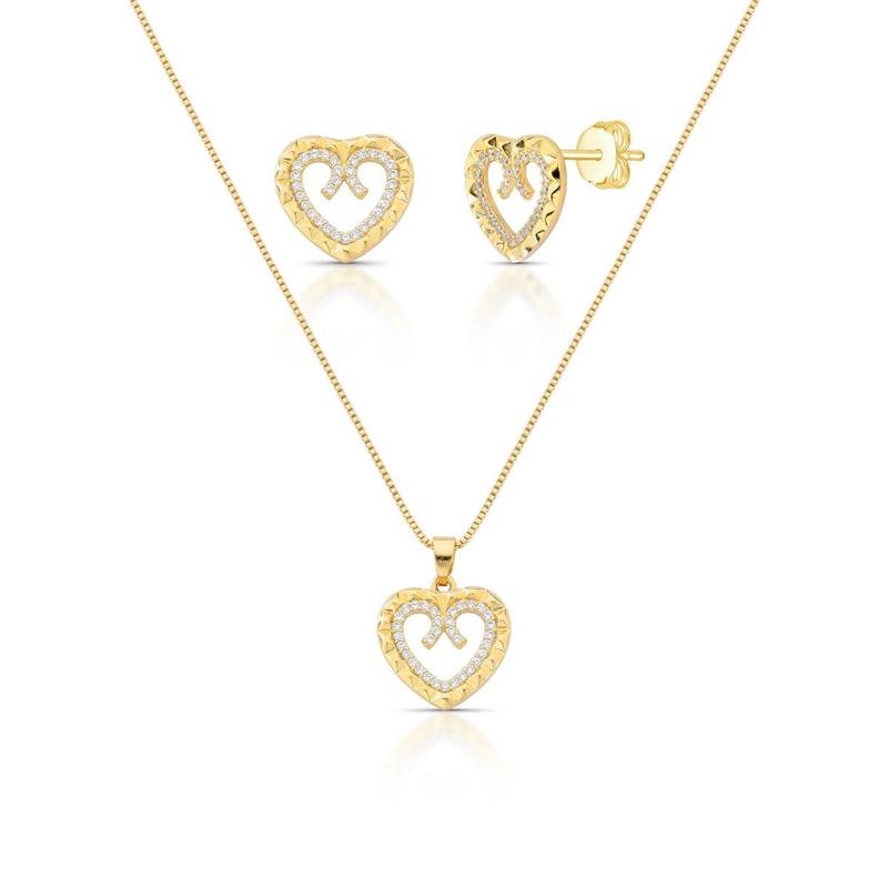 CONJUNTO CORAÇÃO CRAVEJADO BANHADO OURO - CRISTAL