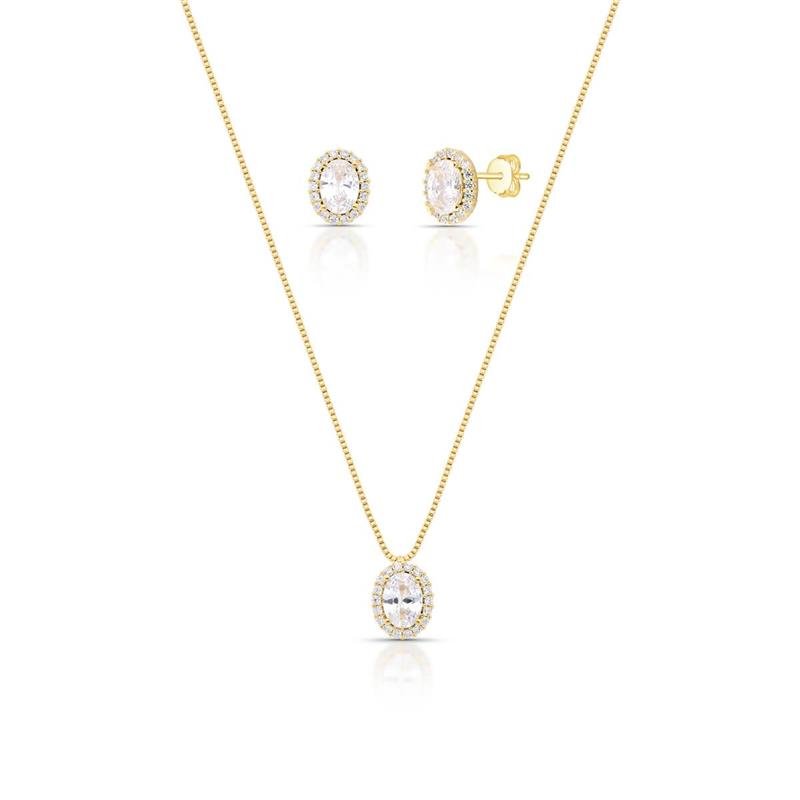CONJUNTO ZIRCONIA OVAL BANHADO OURO - CRISTAL