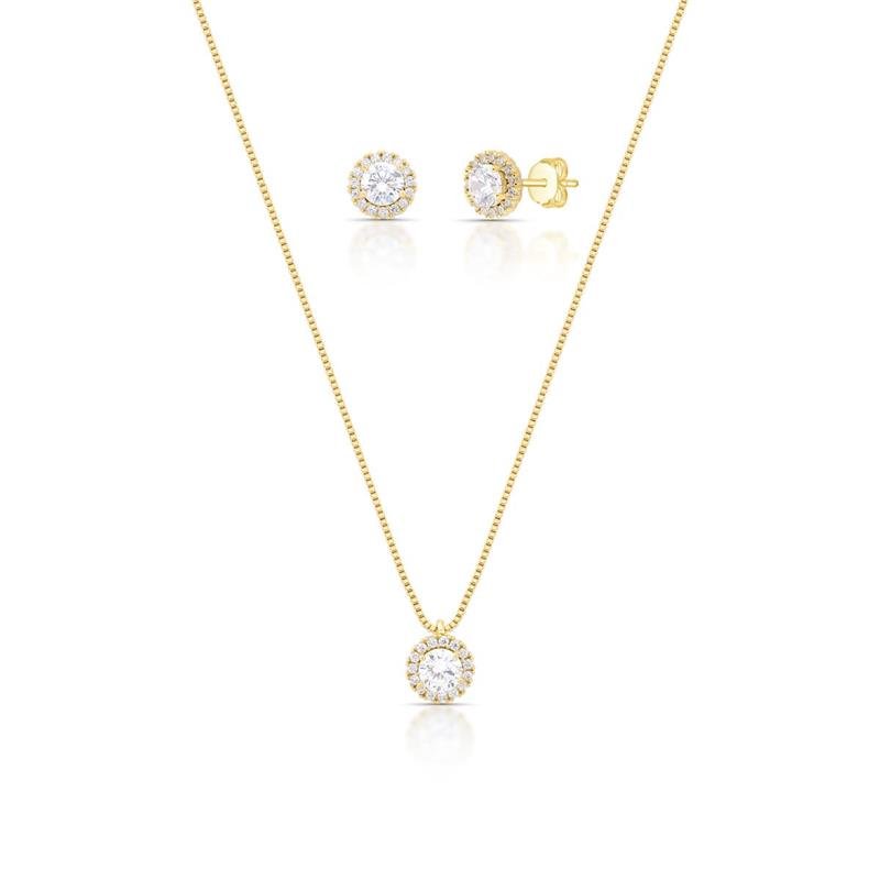 CONJUNTO ZIRCONIA REDONDA BANHADO OURO - CRISTAL
