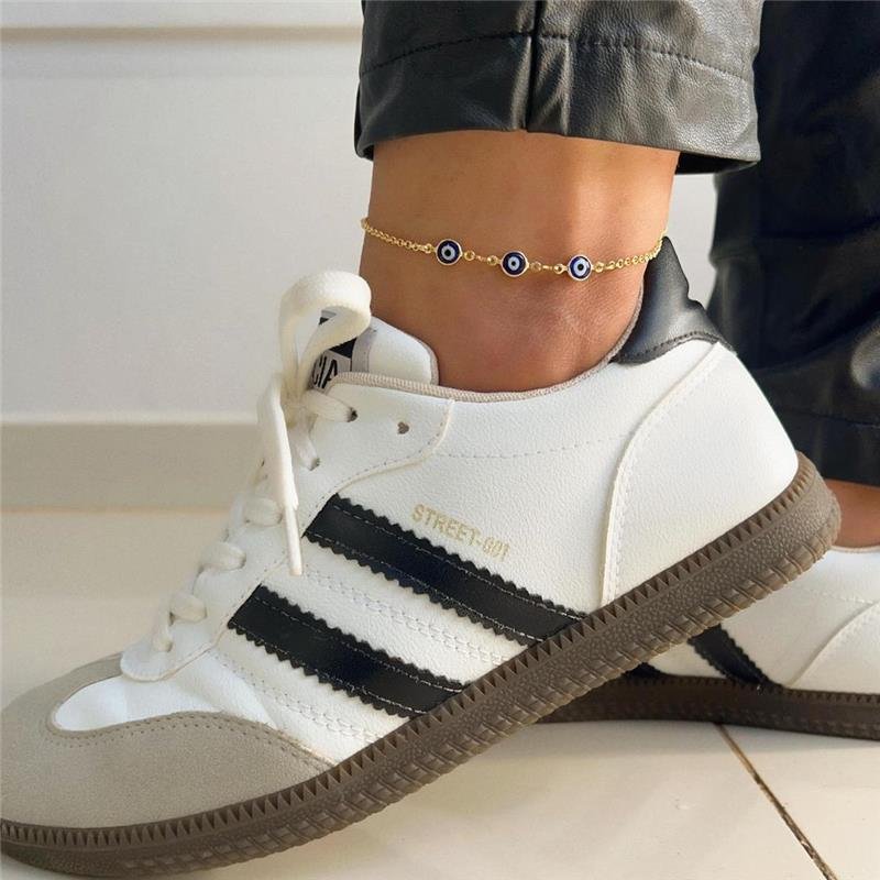 TORNOZELEIRA ELO PORTUGUÊS OLHO GREGO FOLHEADO OURO