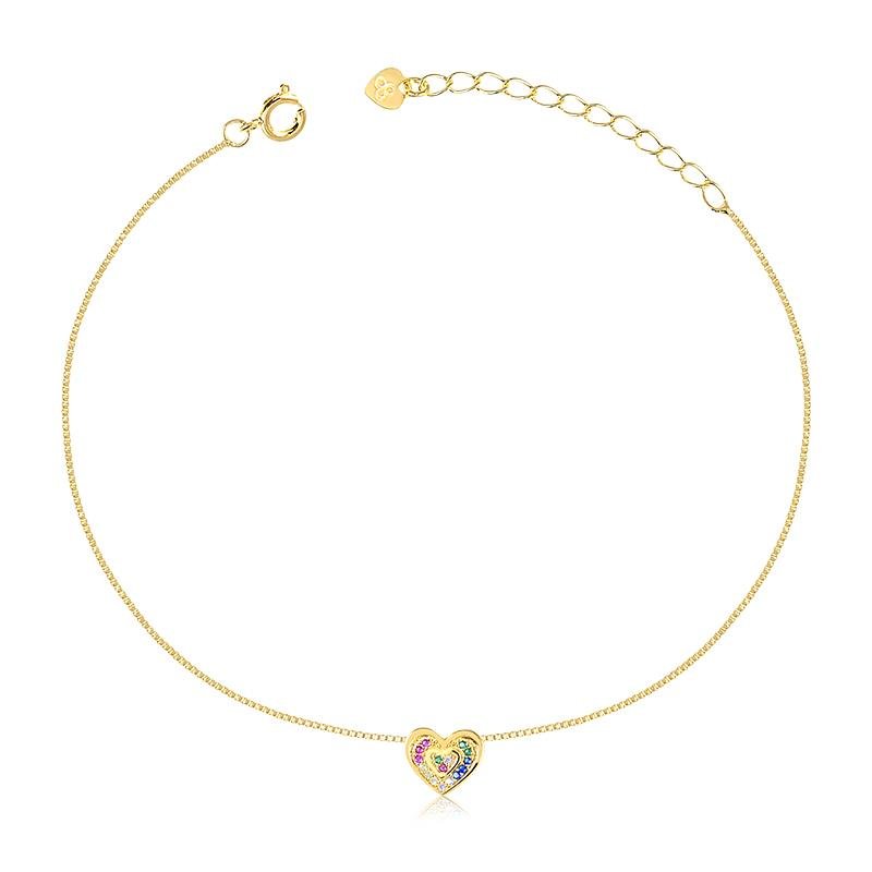 TORNOZELEIRA CORAÇÃO CRAVEJADO BANHADO OURO - COLORIDO