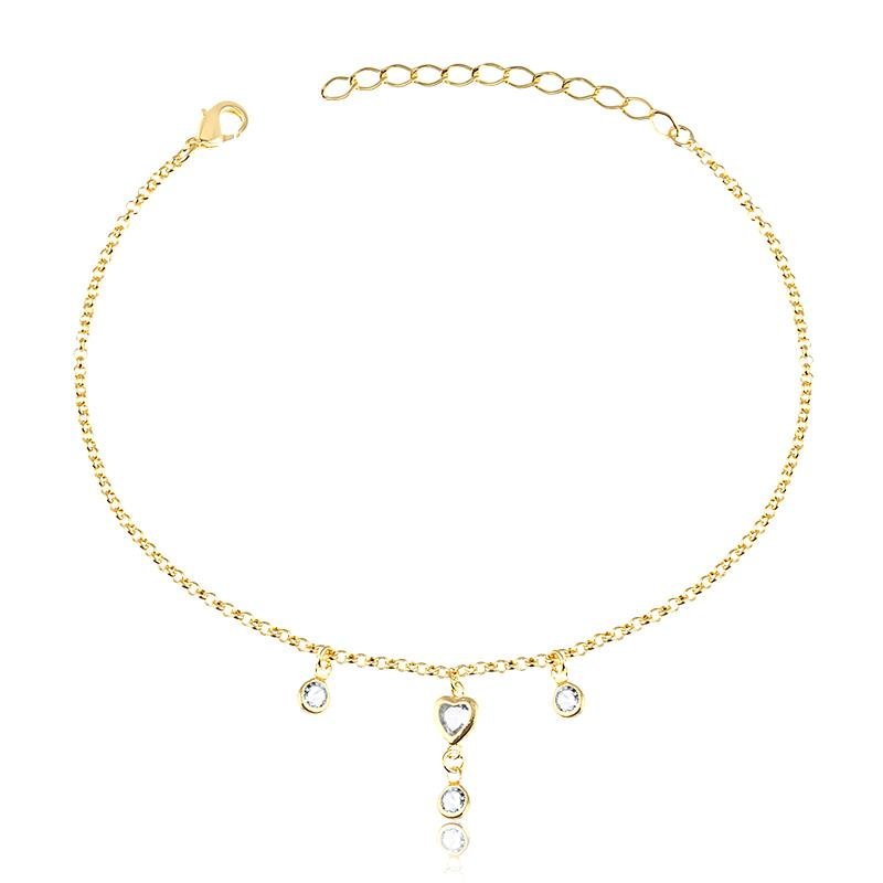 TORNOZELEIRA CORAÇÃO E ZIRCONIA BANHADO OURO - CRISTAL