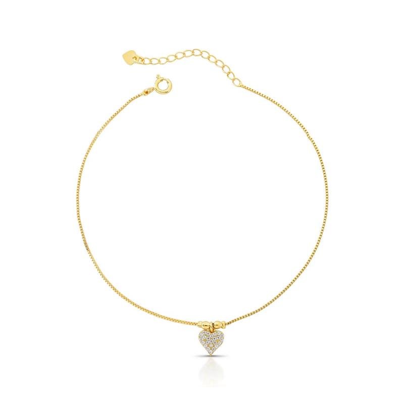 TORNOZELEIRA CORAÇÃO CRAVEJADO BANHADO OURO - CRISTAL
