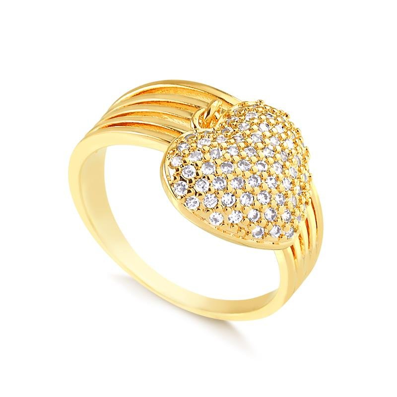 ANEL FOLHEADO A OURO 7 FILEIRAS LISA COM CORAÇÃO CRAVEJADO FOLHEADO OURO - CRISTAL