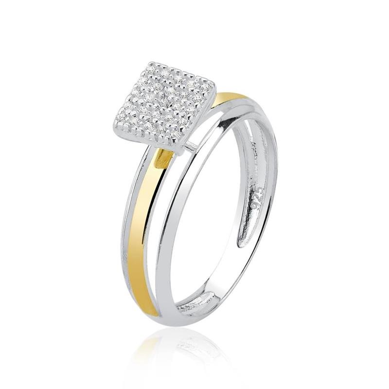 ANEL CHUVEIRO QUADRADO FILETE OURO 10K PRATA 925 - CRISTAL