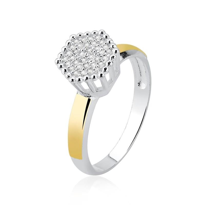 ANEL CHUVEIRO HEXAGONAL FILETE DE OURO 10K PRATA 925 - CRISTAL