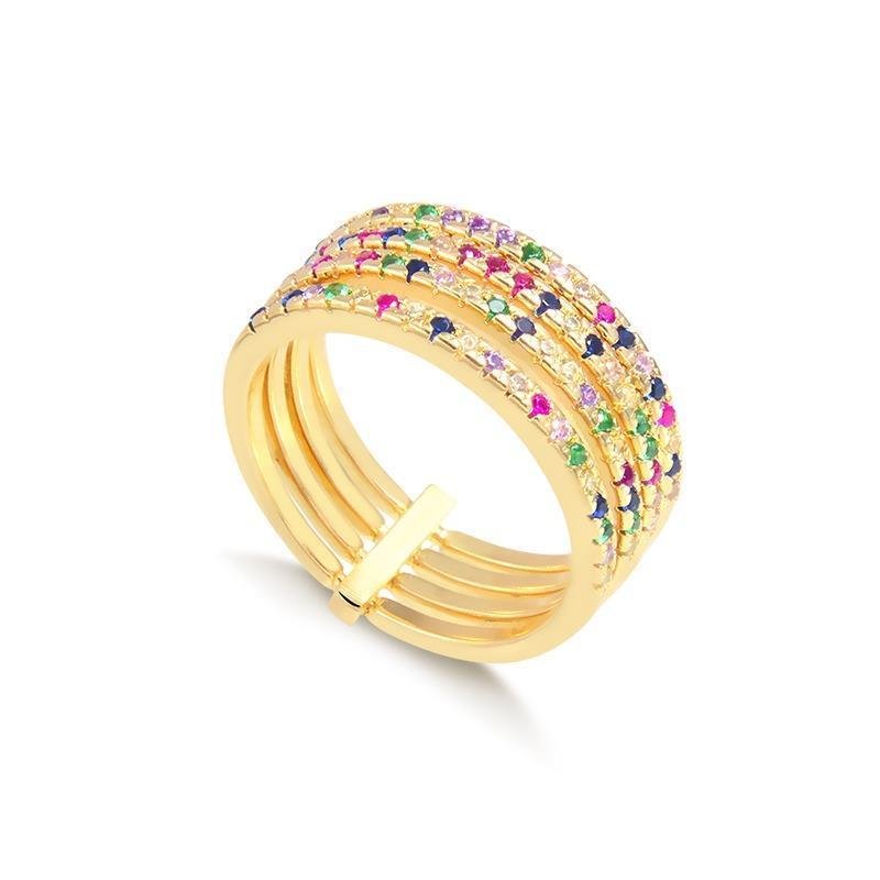 ANEL 4 AROS CRAVEJADOS BANHADO OURO - COLORIDO