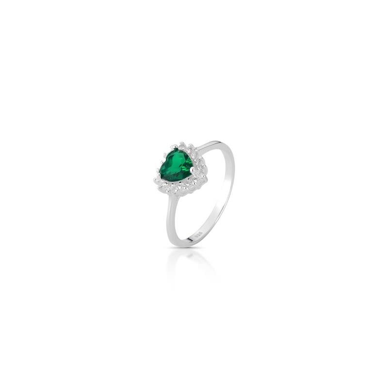 ANEL CORAÇÃO CRAVEJADO PRATA 925 - VERDE/CRISTAL