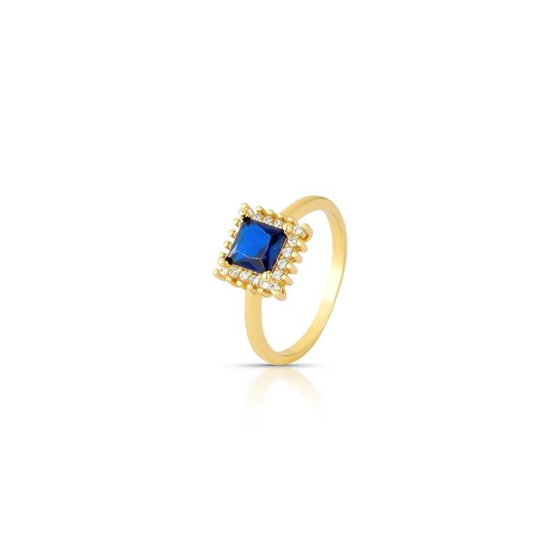 ANEL PEDRA QUADRADA BANHADO OURO - AZUL/CRISTAL