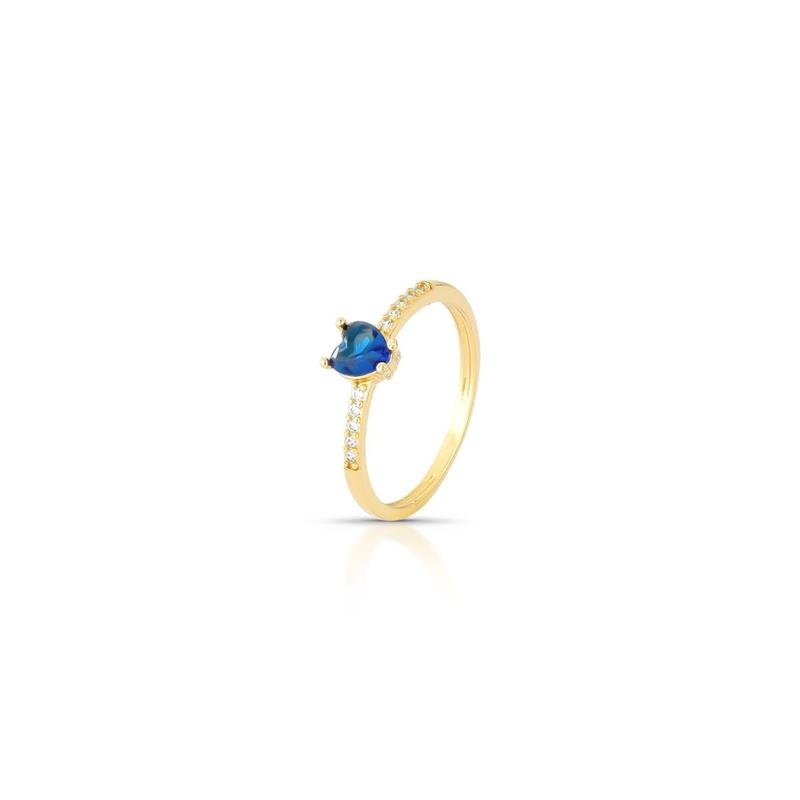 ANEL CORAÇÃO BANHADO OURO - AZUL/CRISTAL