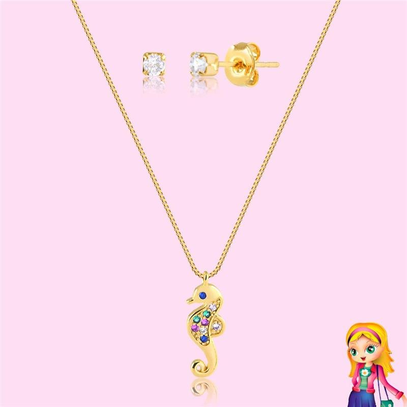 CONJUNTO INFANTIL CAVALO MARINHO FOLHEADO OURO