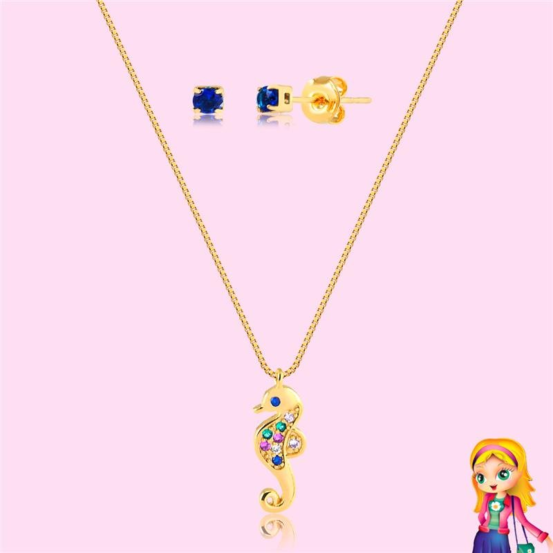 CONJUNTO INFANTIL CAVALO MARINHO FOLHEADO OURO