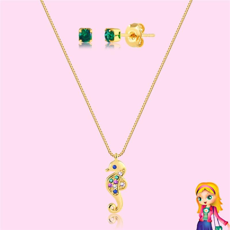 CONJUNTO INFANTIL CAVALO MARINHO FOLHEADO OURO