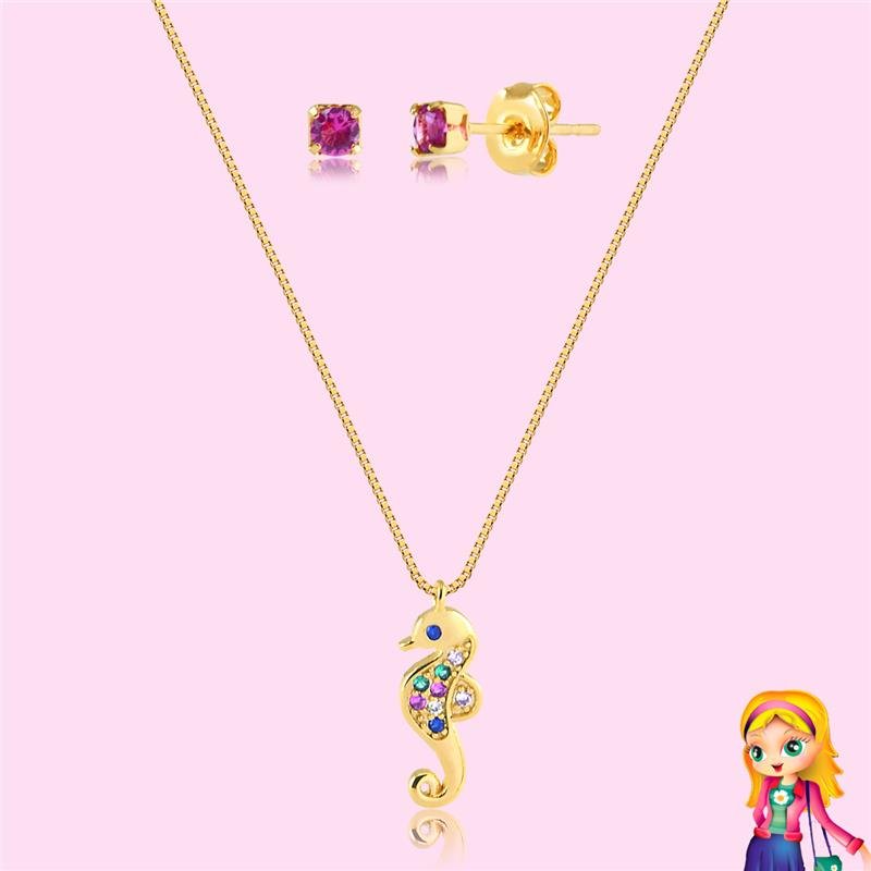 CONJUNTO INFANTIL CAVALO MARINHO FOLHEADO OURO