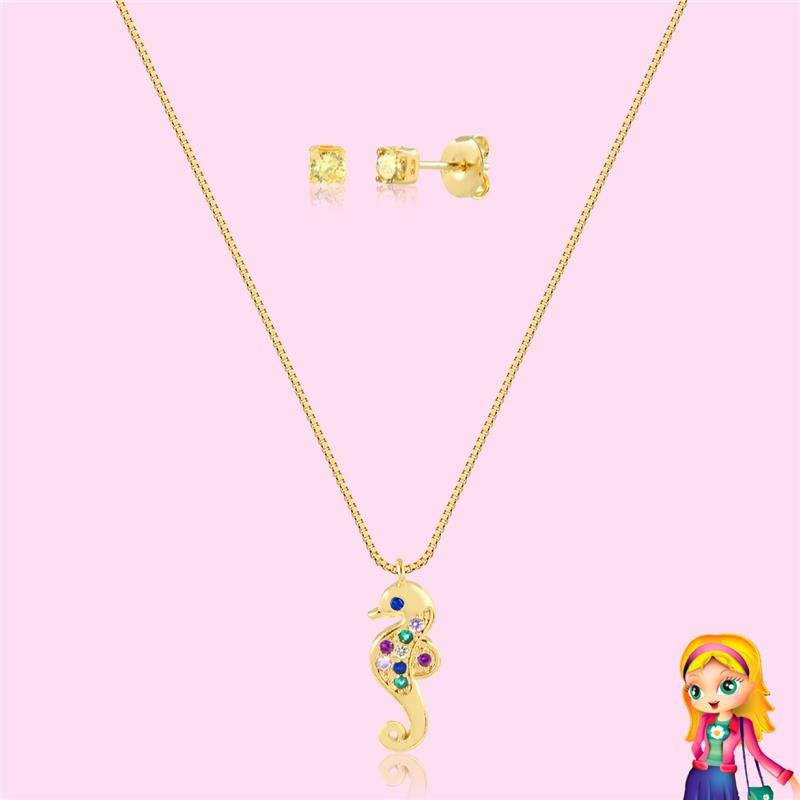 CONJUNTO INFANTIL CAVALO MARINHO FOLHEADO OURO