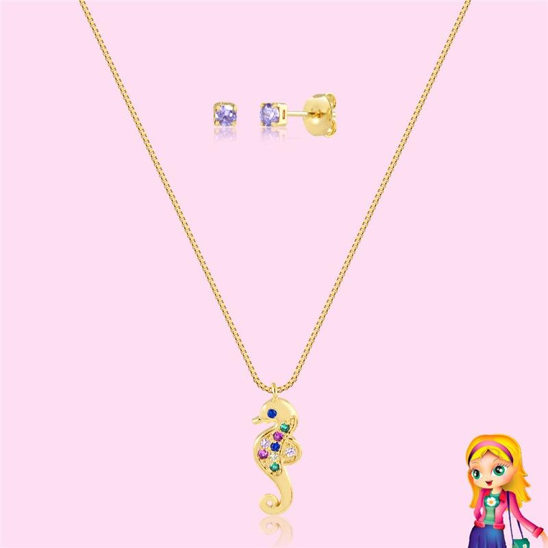 CONJUNTO INFANTIL CAVALO MARINHO FOLHEADO OURO