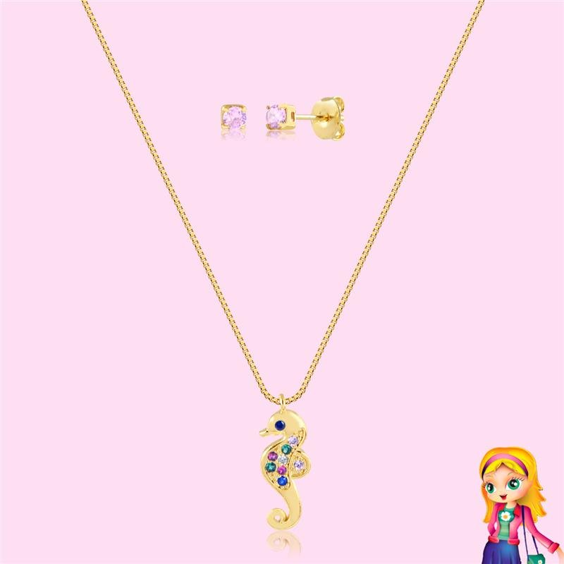 CONJUNTO INFANTIL CAVALO MARINHO FOLHEADO OURO