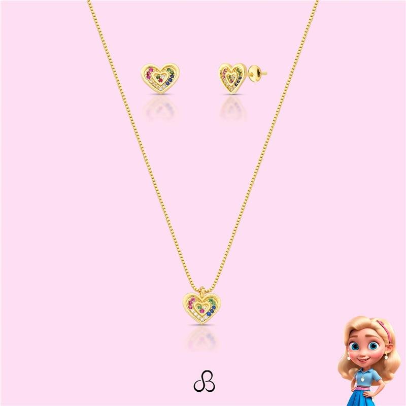 CONJUNTO INFANTIL CORAÇÃO CRAVEJADO BANHADO OURO - COLORIDO