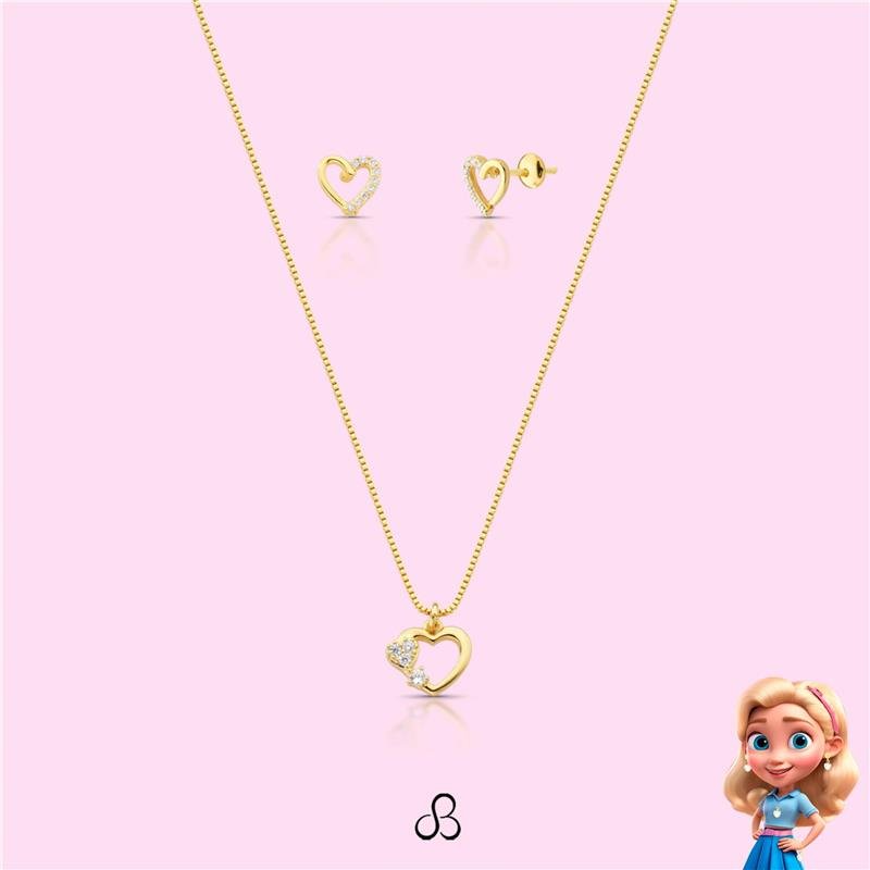 CONJUNTO INFANTIL CORAÇÃO CRAVEJDO BANHADO OURO - CRISTAL