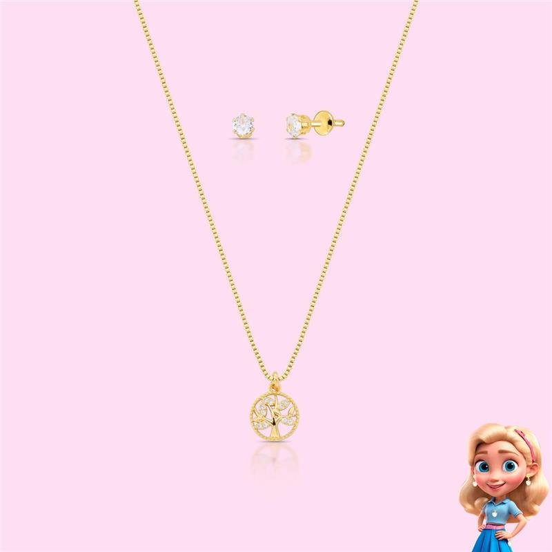 CONJUNTO ÁRVORE DA VIDA INFANTIL BANHADO OURO - CRISTAL