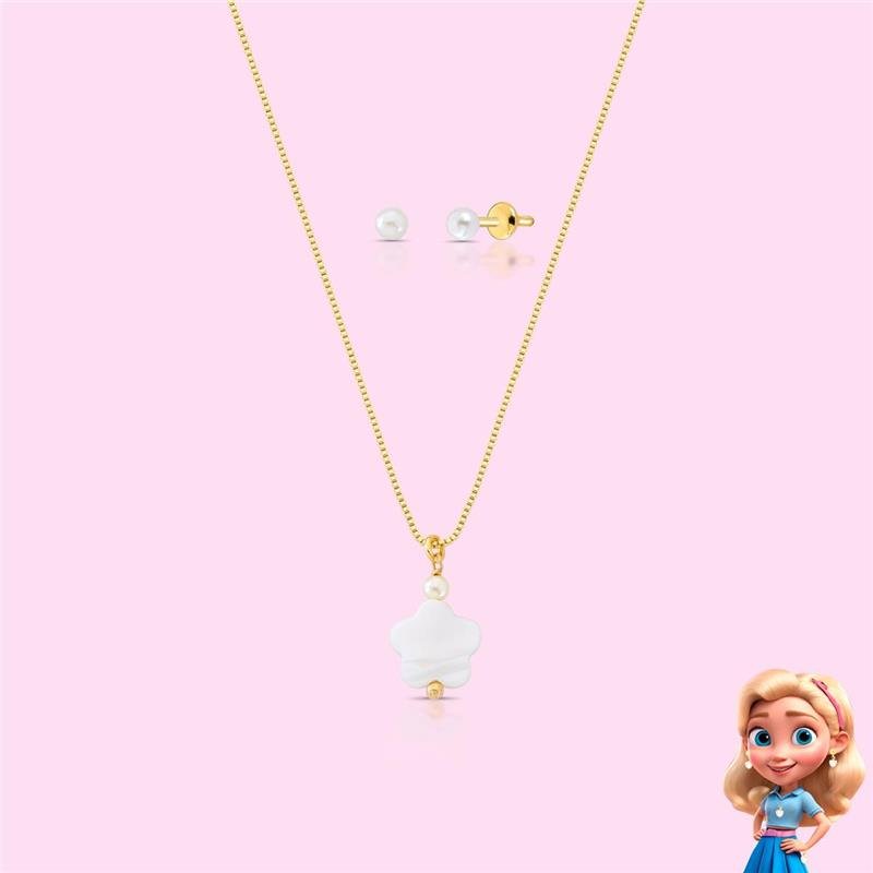 CONJUNTO INFANTIL FLOR MADRE PÉROLA BANHADO OURO - .