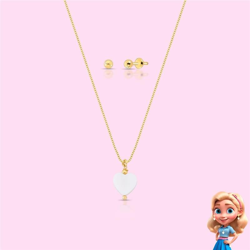 CONJUNTO INFANTIL CORAÇÃO MADRE PÉROLA BANHADO OURO - .