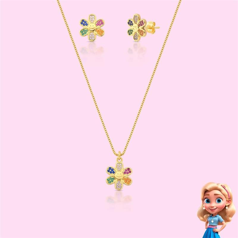 CONJUNTO INFANTIL FLORZINHA BANHADO OURO - COLORIDO