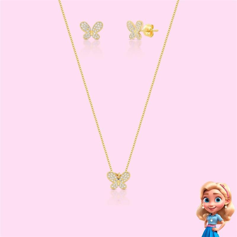 CONJUNTO INFANTIL BORBOLETINHA CRAVEJADA BANHADO OURO - CRISTAL