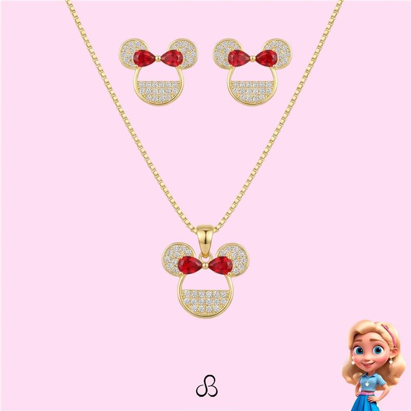 CONJUNTO INFANTIL CRAVEJADO BANHADO OURO - CRISTAL E VERMELHO