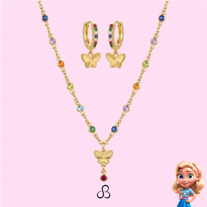 CONJUNTO INFANTIL BORBOLETA BANHADO OURO - COLORIDO