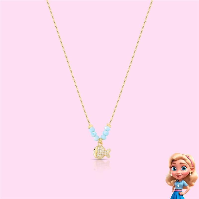 COLAR INFANTIL PEIXINHO BANHADO OURO - AZUL/CRISTAL