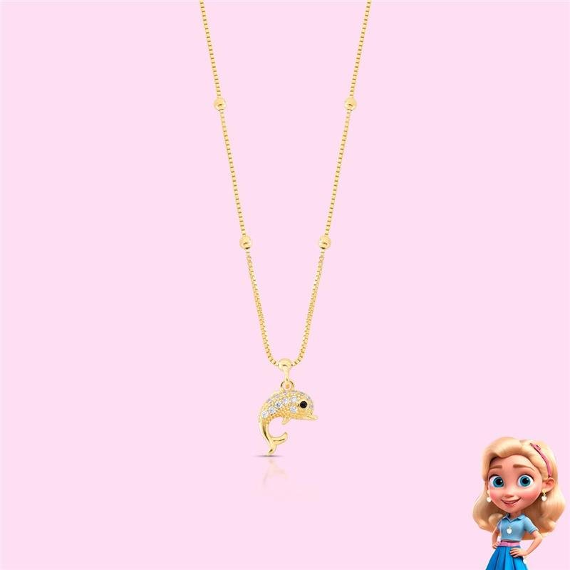 COLAR INFANTIL GOLFINHO CRAVEJADO BANHADO OURO - CRISTAL