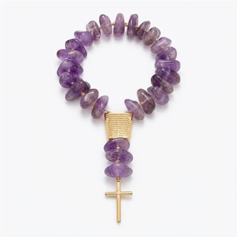 TERÇO DE MESA PEDRAS NATURAIS BANHADO OURO - AMETISTA