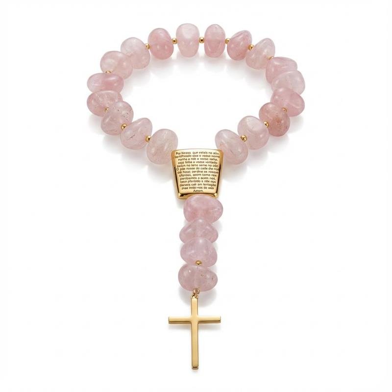 TERÇO DE MESA PEDRAS NATURAIS BANHADO OURO - QUARTZO ROSA