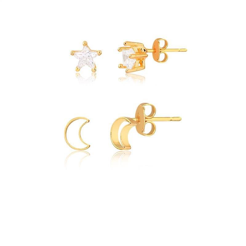 BRINCO DUPLO LUA E ESTRELA CRAVEJADO EM ZIRCÔNIA FOLHEADO A OURO