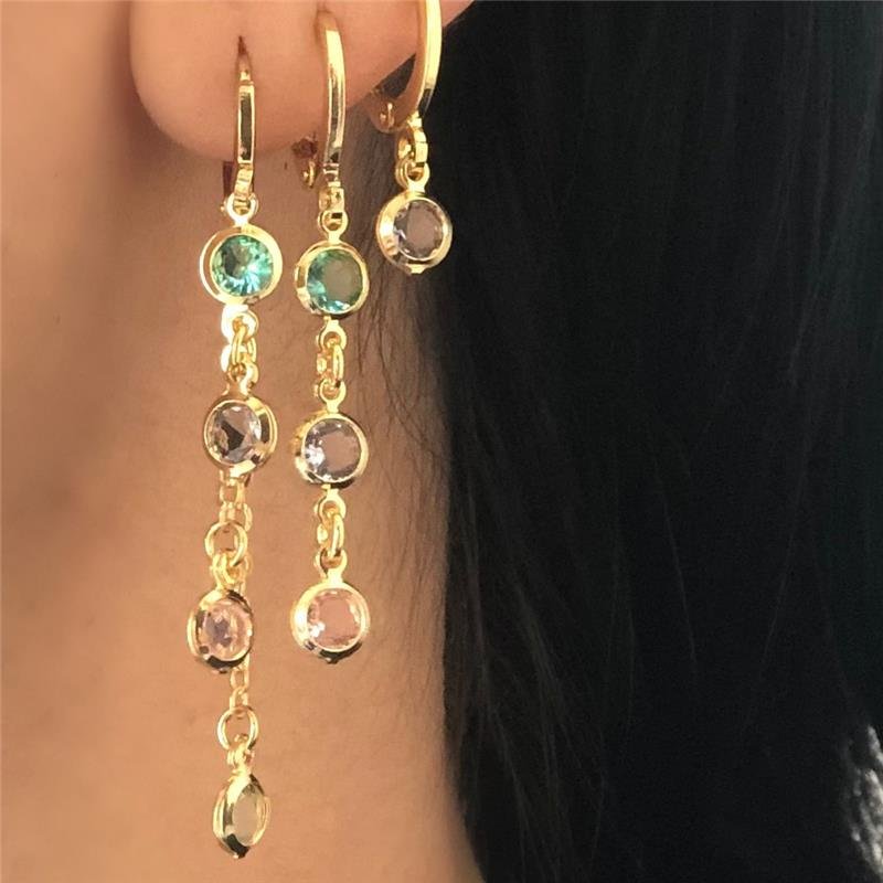 BRINCO ARGOLA CORRENTE COM PINGENTES COLORIDOS FOLHEADO OURO