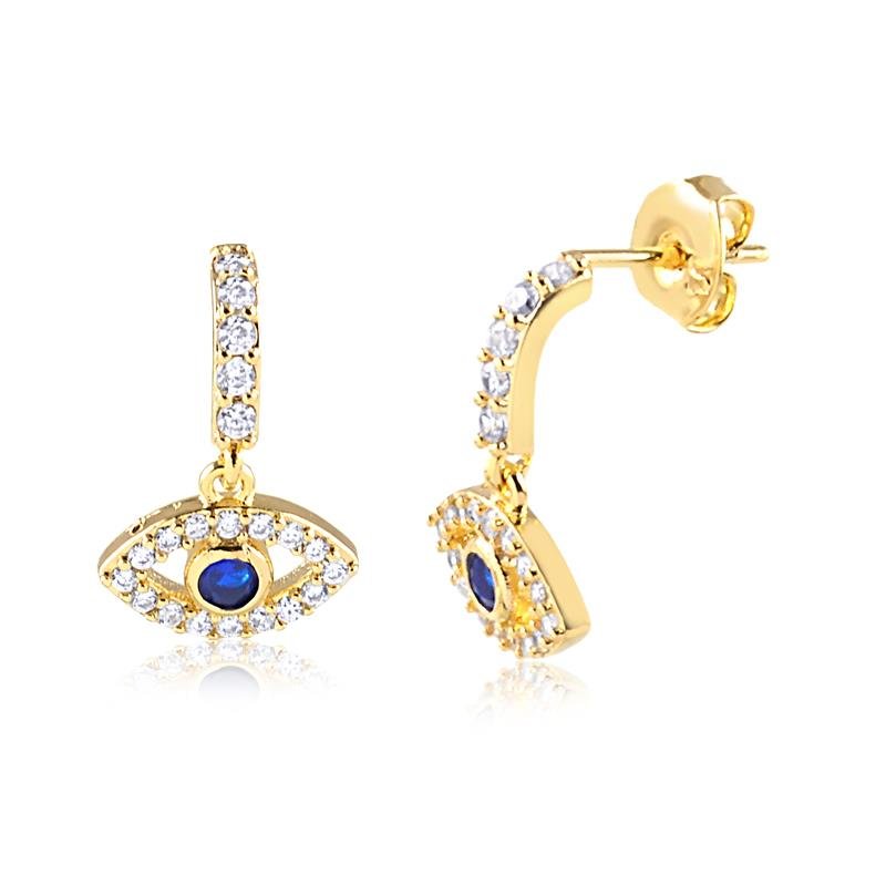 BRINCO MEIA ARGOLA COM OLHO GREGO CRAVEJADO FOLH. OURO