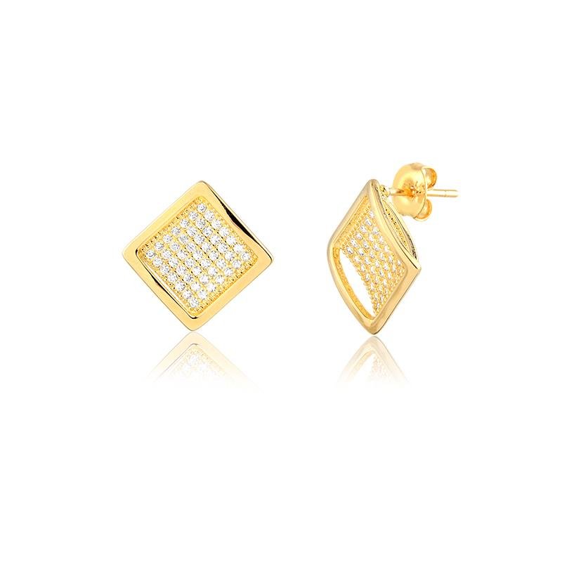 BRINCO QUADRADO CRAVEJADO BANHADO OURO - CRISTAL