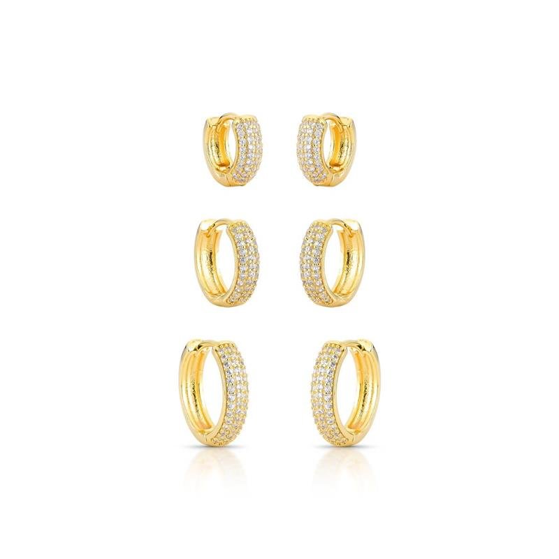 BRINCOS TRIO ARGOLAS CLICK BANHADO OURO - CRISTAL