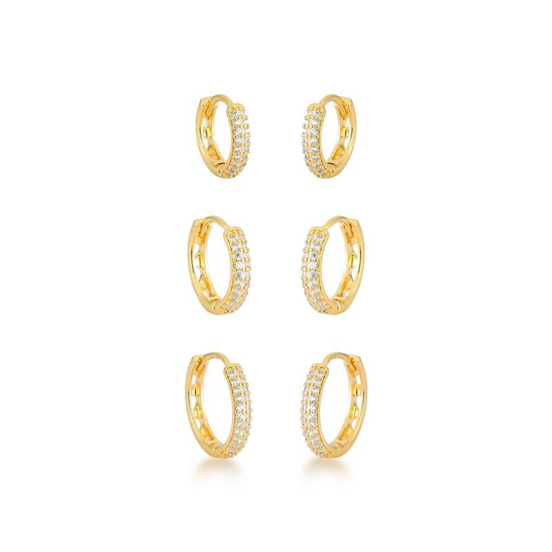 BRINCOS TRIO ARGOLAS CLICK CRAVEJADAS BANHADO OURO - CRISTAL