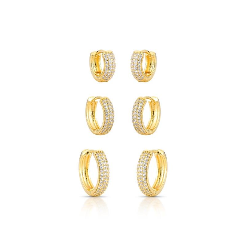 BRINCOS TRIO ARGOLAS CLICK CRAVEJADAS BANHADO OURO - CRISTAL