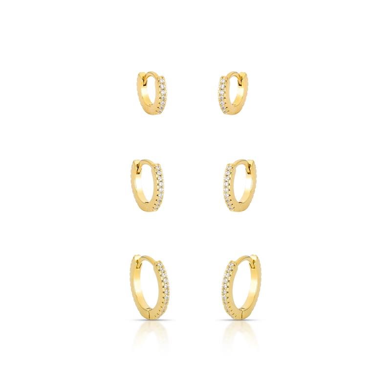 BRINCOS TRIO ARGOLAS CLICK CRAVEJADAS BANHADO OURO - CRISTAL
