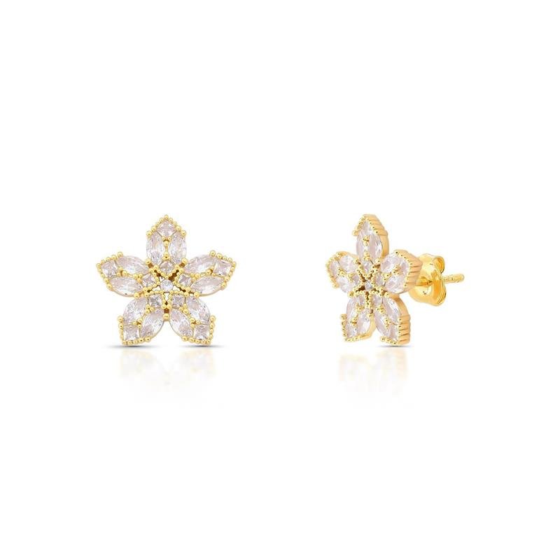 BRINCO FLOR CRAVEJADA BANHADO OURO - CRISTAL