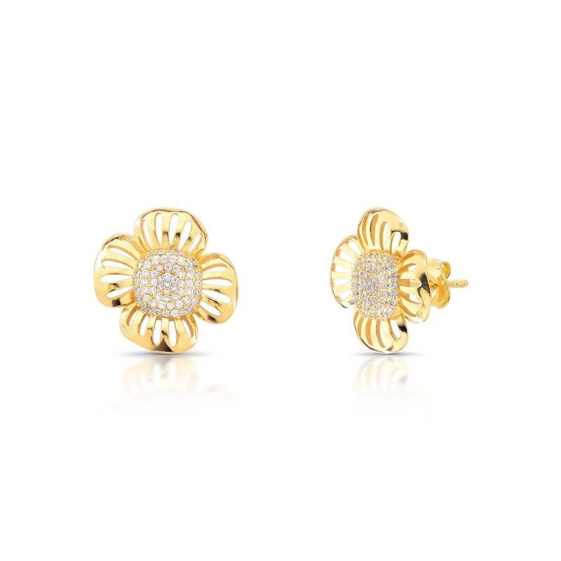 BRINCO FLOR CRAVEJADA BANHADO OURO - CRISTAL